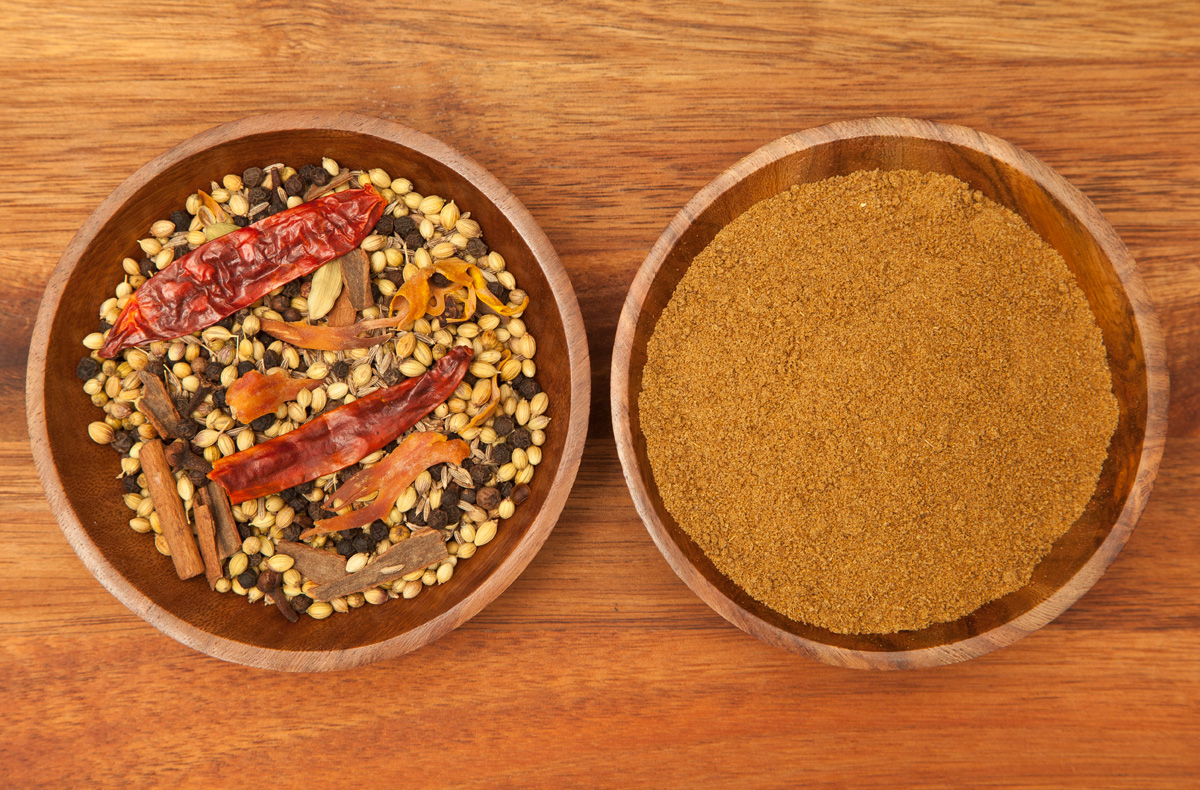 Mughal curry spices before and after grinding in a coffee grinder.