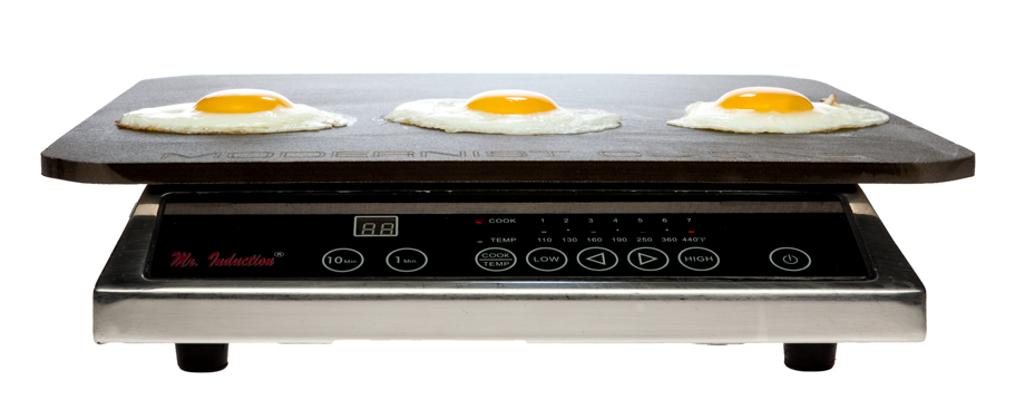 on induction burner with fried eggs